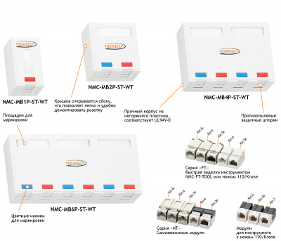 Корпус настенной розетки NMC-MB6P-ST-WT, 6 портов