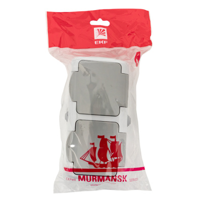 Мурманск Розетка 2-местная 16А с заземлением с крышкой IP54 серый с защитными шторками EKF